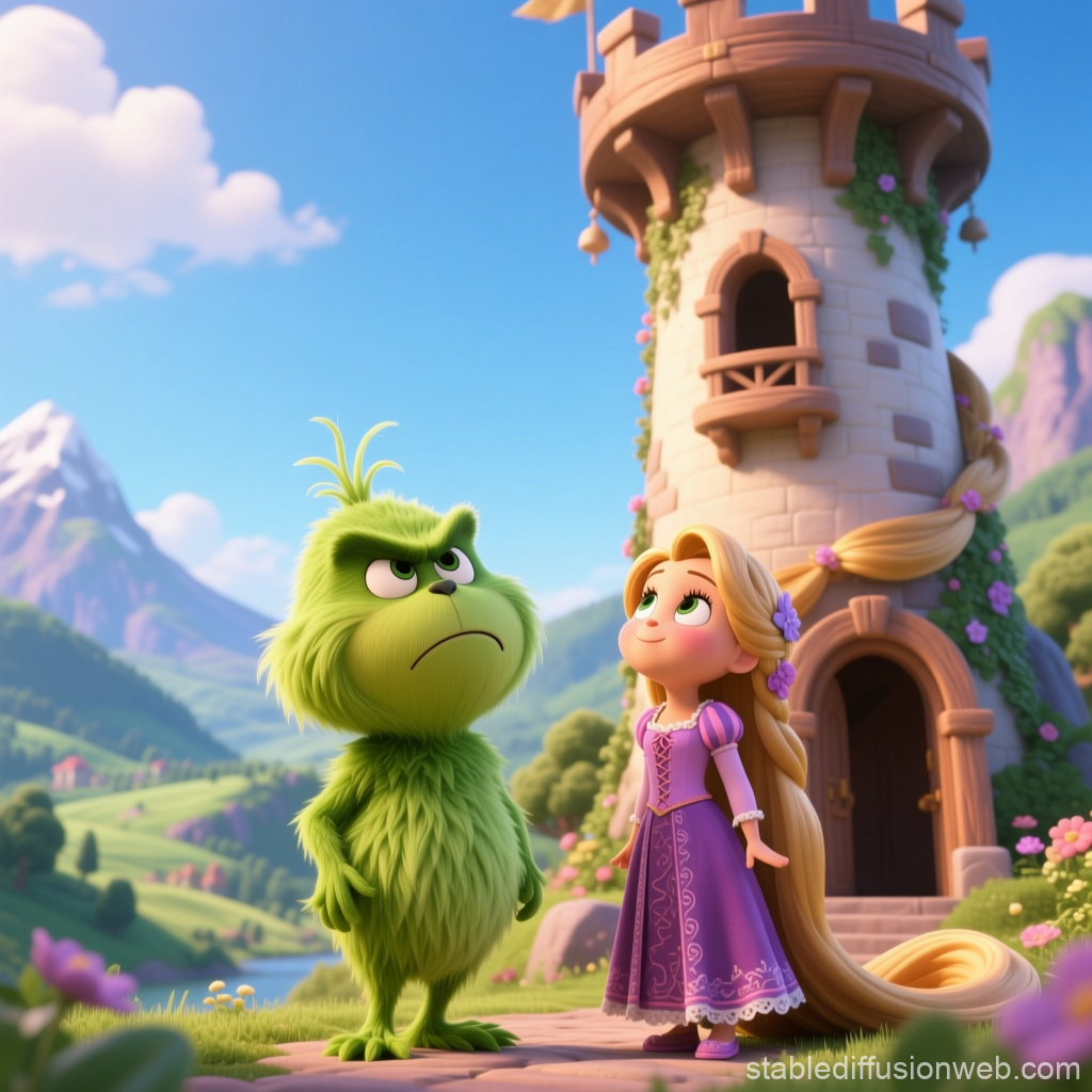 Baby Grinch and Rapunzel Near Tower in Vibrant Fantasy Landscape