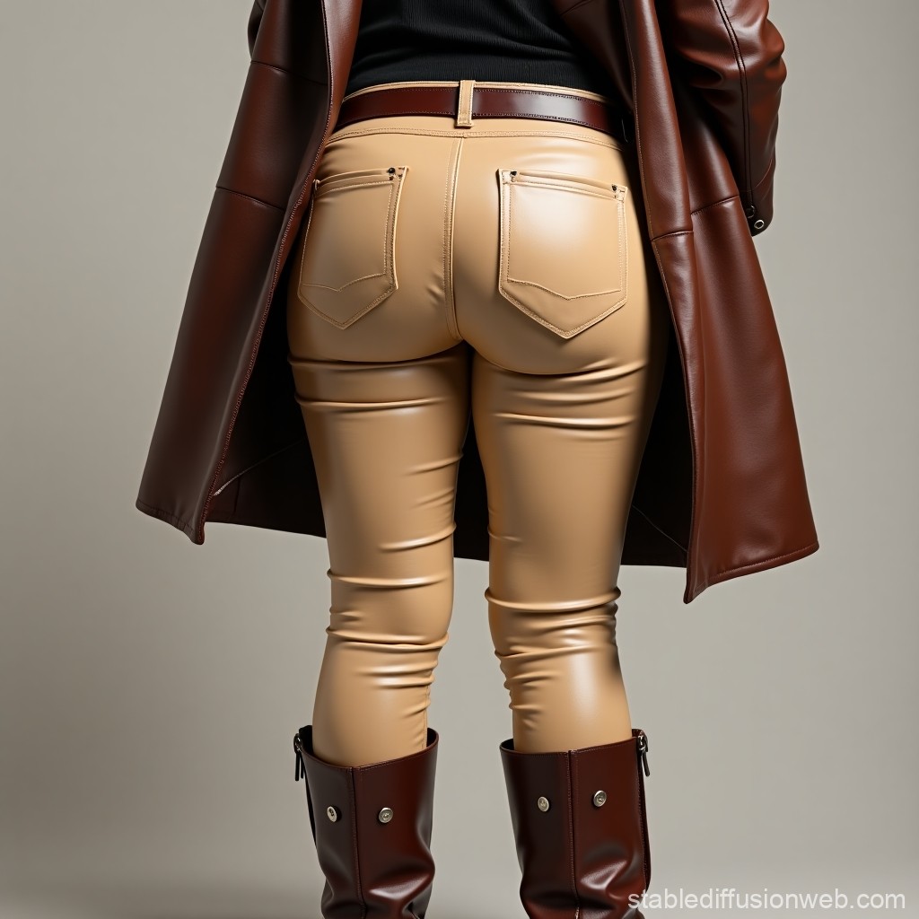Back View of Fashionable Woman in Leather Pants and Coat