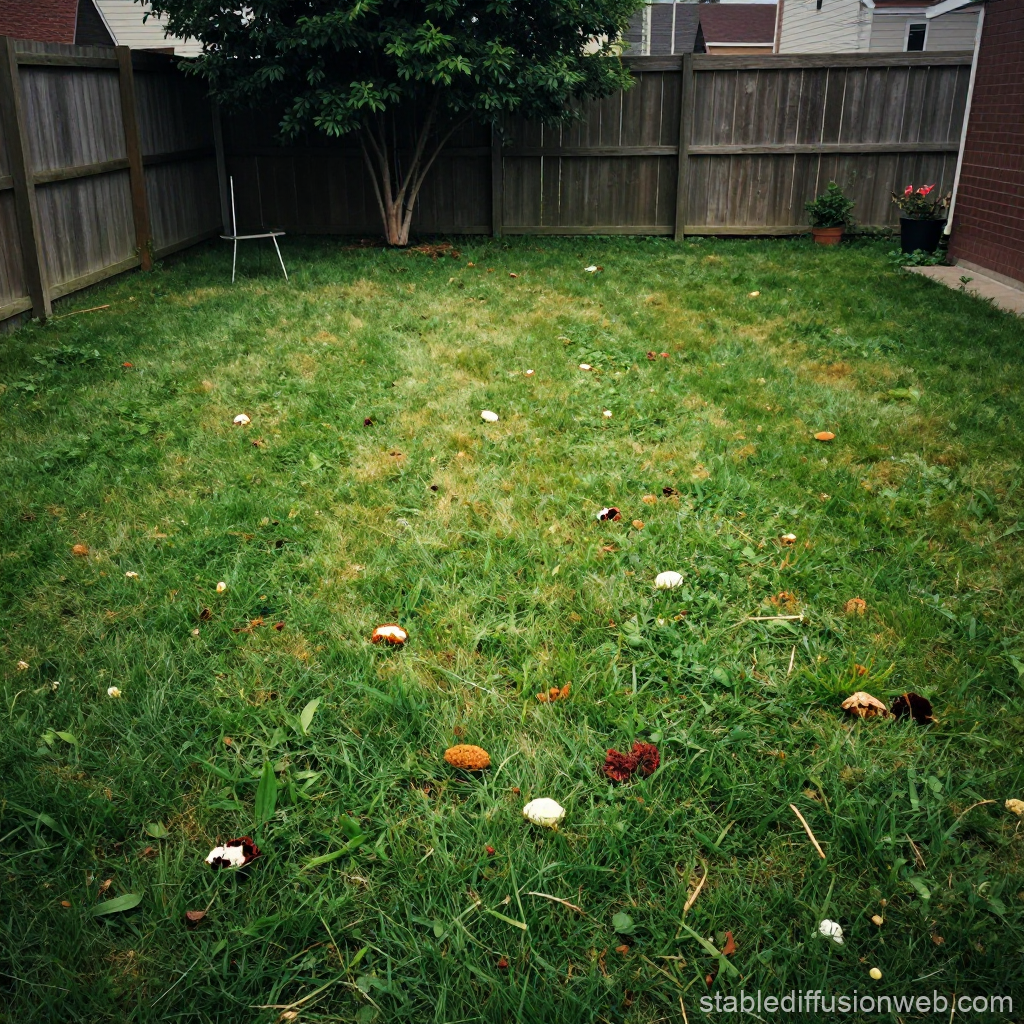 Backyard Lawn with Scattered Mushrooms and Wooden Fence