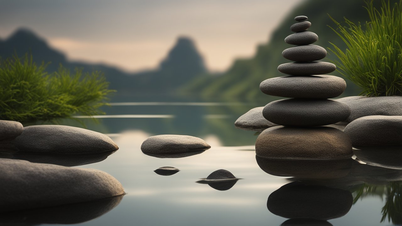Balanced Stones by a Tranquil Lake at Sunset