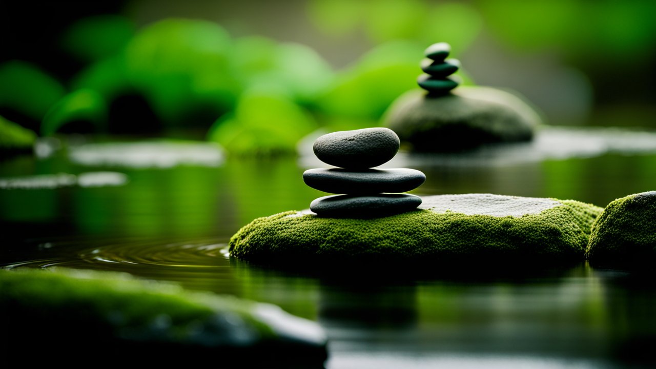 Balanced Zen Stones on Mossy Rocks in Calm Water