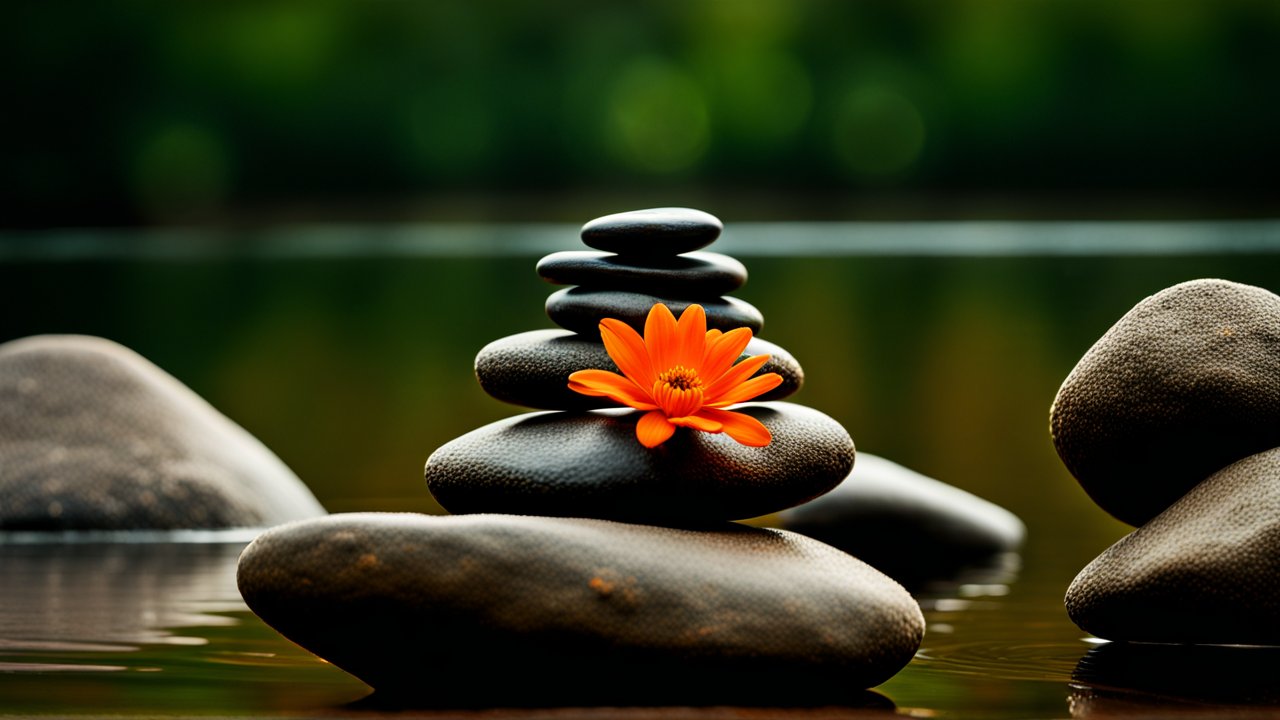 Balanced Zen Stones with Vibrant Orange Flower