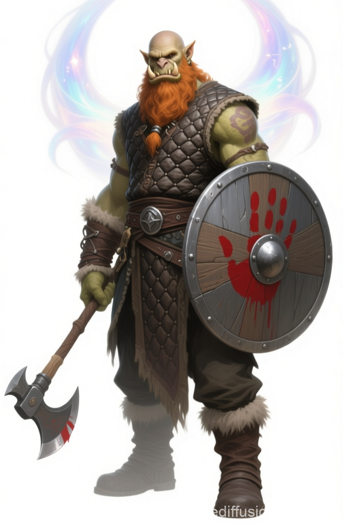 Bald Half-Orc Warrior with Red Beard and Battle Gear