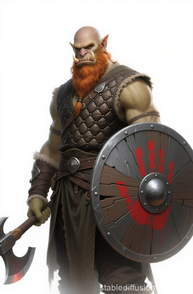 Bald Half-Orc Warrior with Red Beard and Battle Gear
