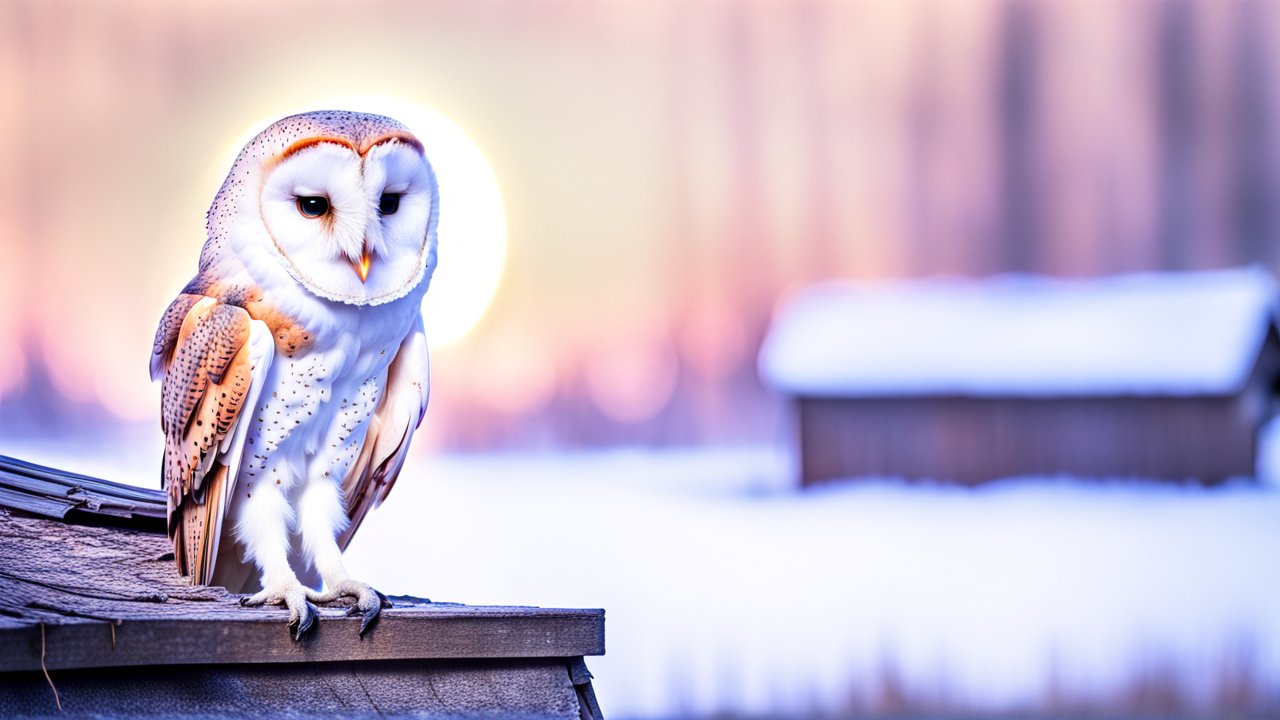 Barn Owl Perched on Roof at Sunset