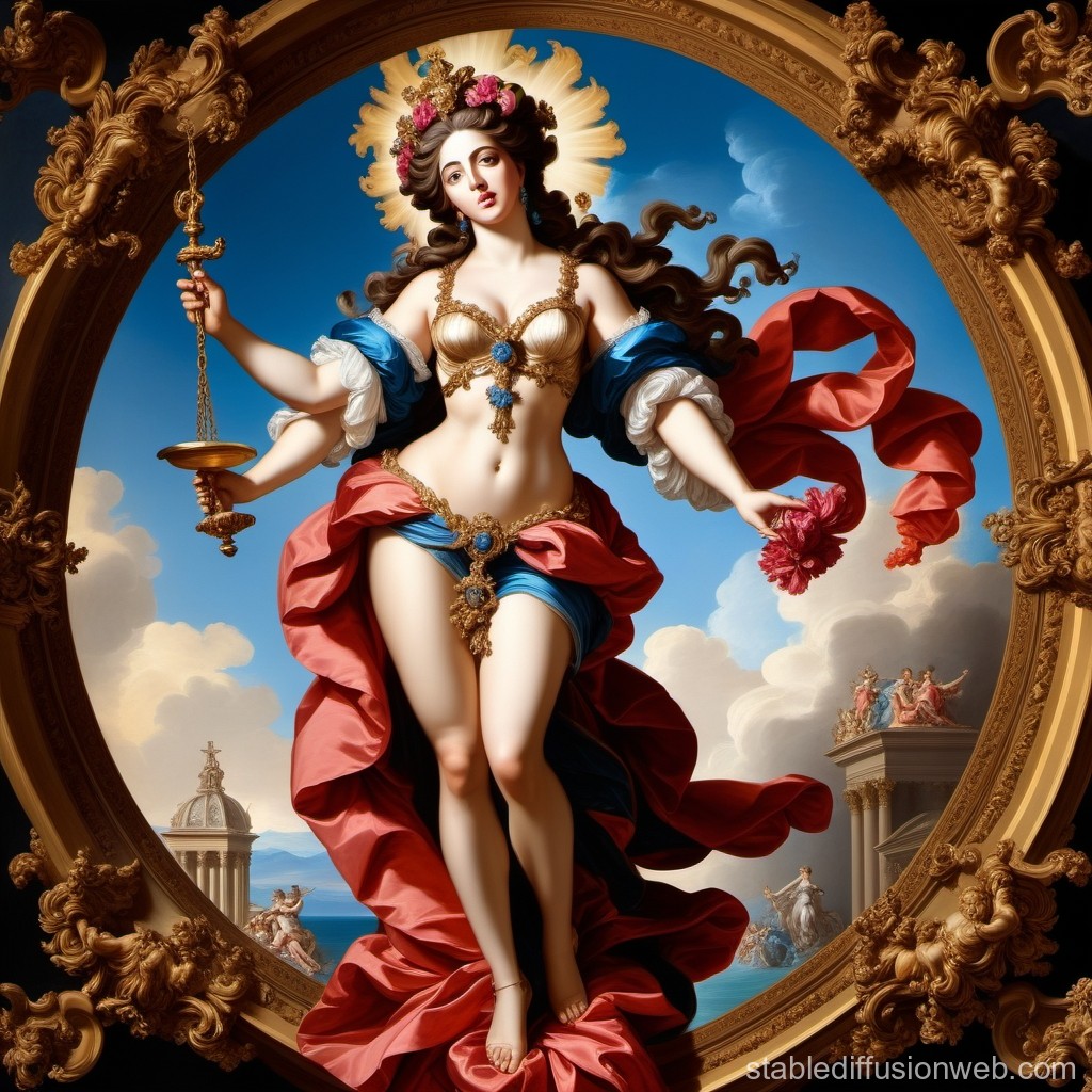 Baroque Goddess in Ornate Frame with Flowing Drapery