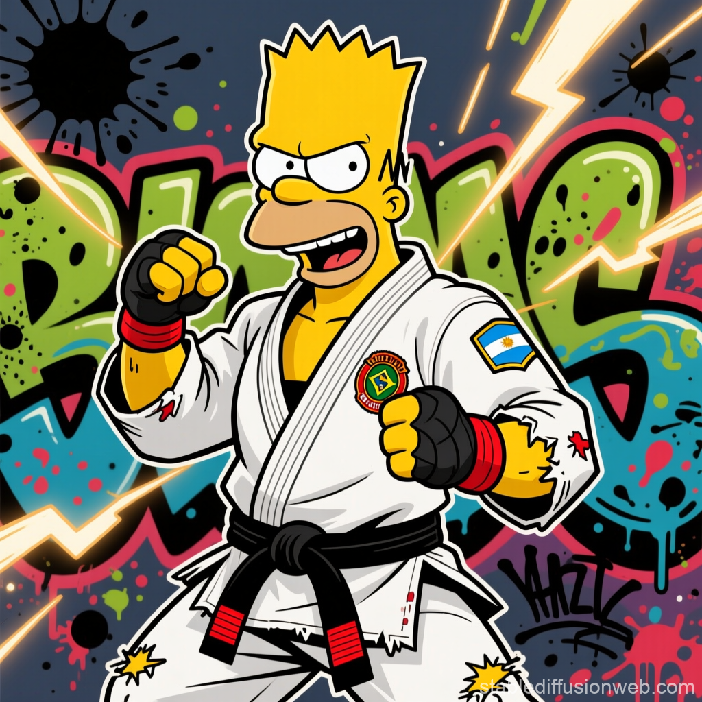 Bart Simpson in Brazilian Jiu-Jitsu Gi with Graffiti Background