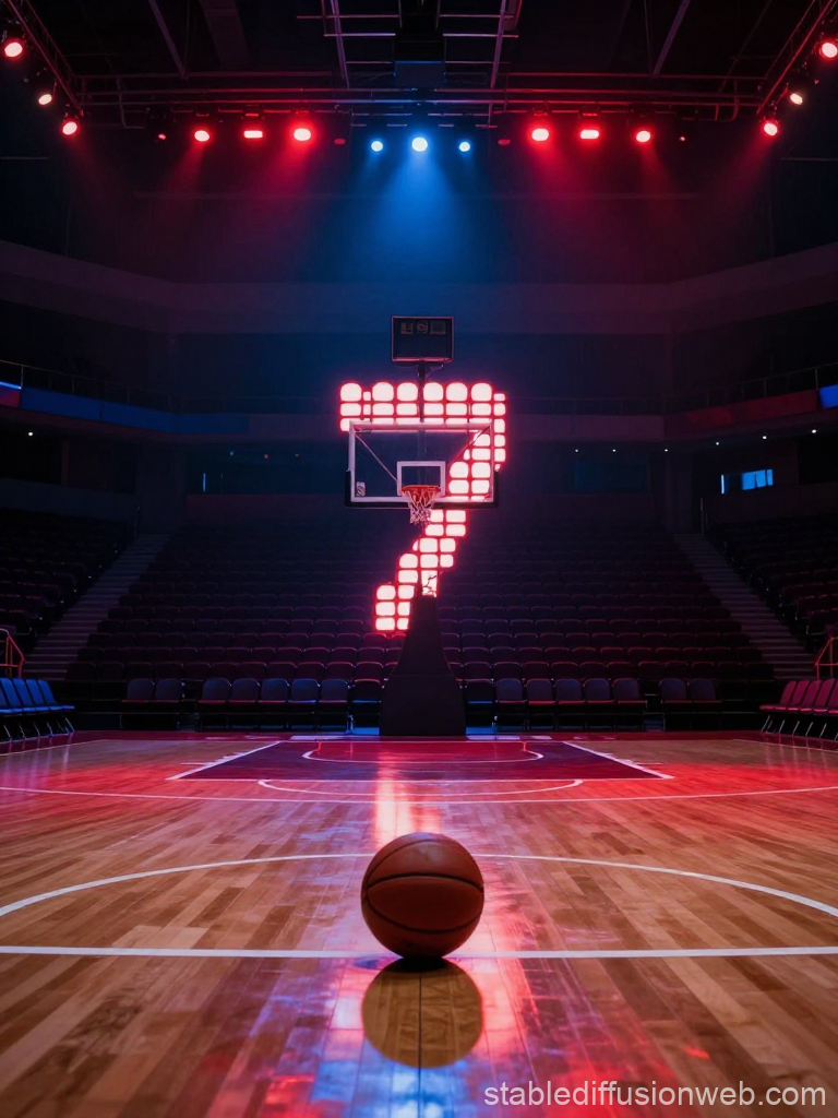 Basketball Court with Illuminated Number Seven on Hoop