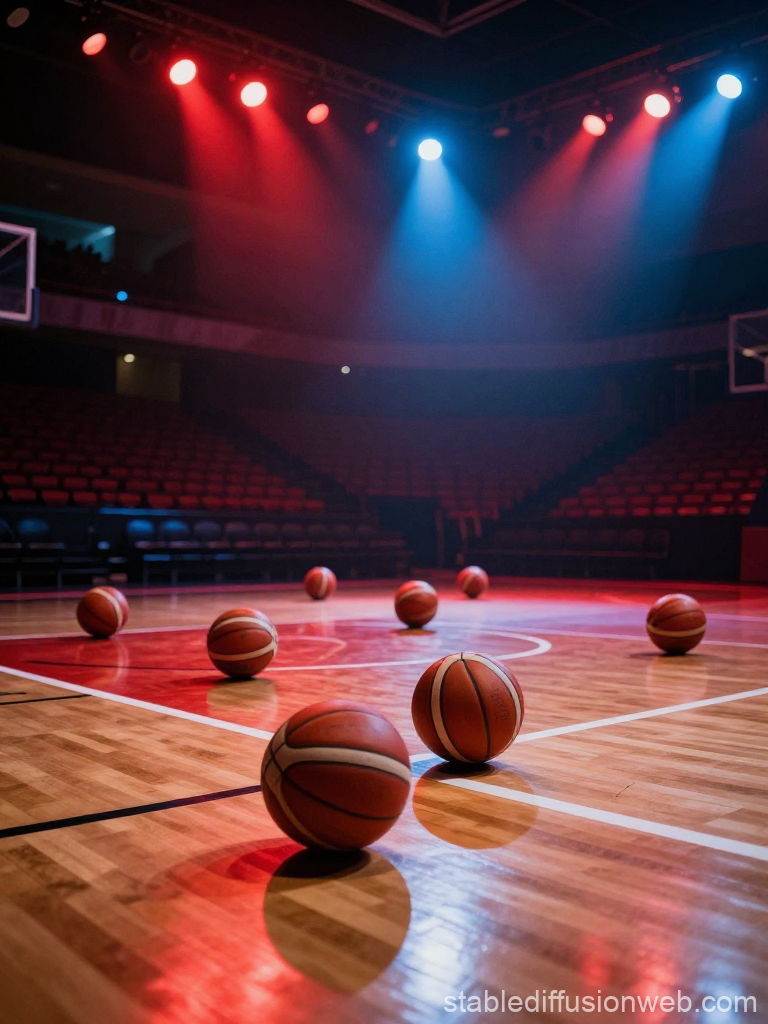 Basketball Court with Multiple Balls Under Dramatic Red and Blue Lighting