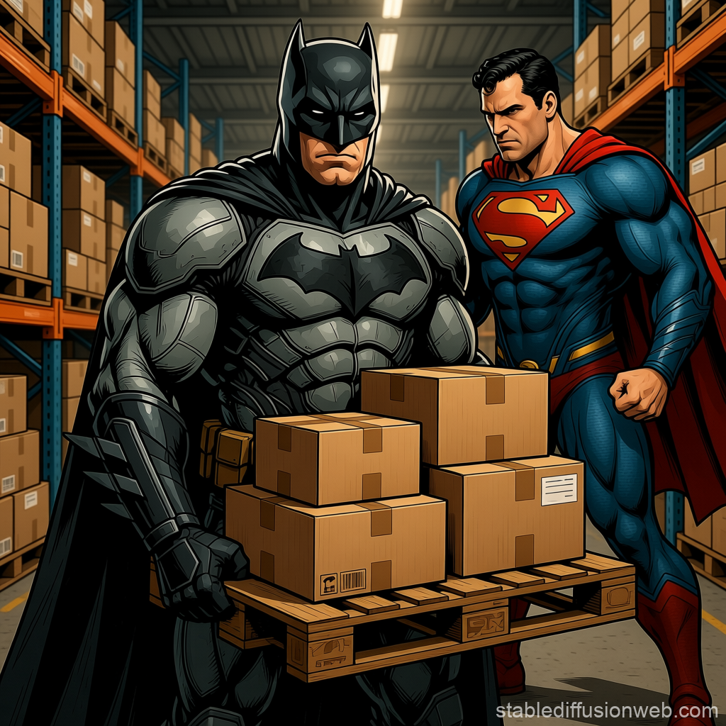 Batman and Superman in Warehouse with Boxes