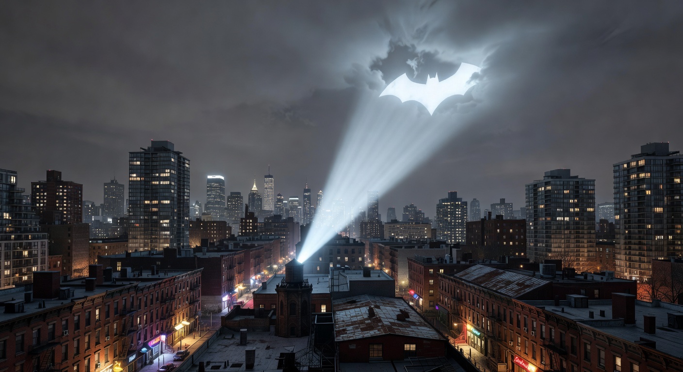 Batman Spotlight Over Brooklyn Night Sky