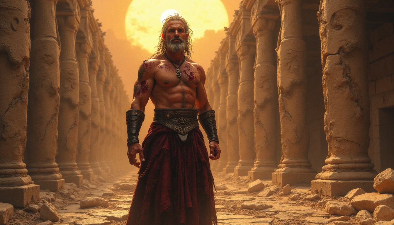 Battle-Hardened Warrior in Ancient Ruins at Sunset
