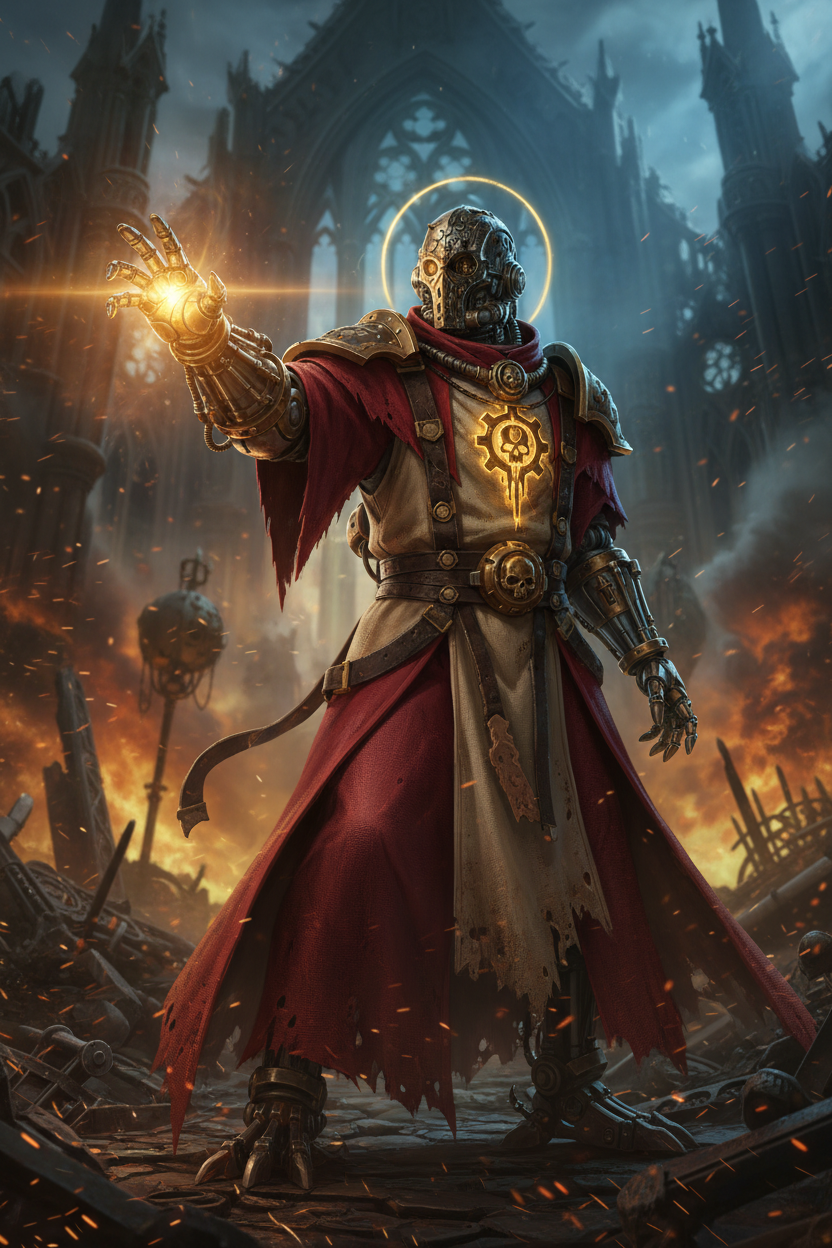 Battle-Scarred Tech Priest in Fiery Ruins