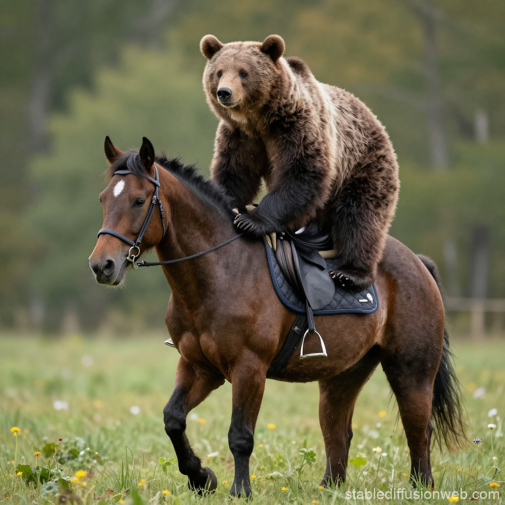 Bear Riding a Horse in a Natural Setting