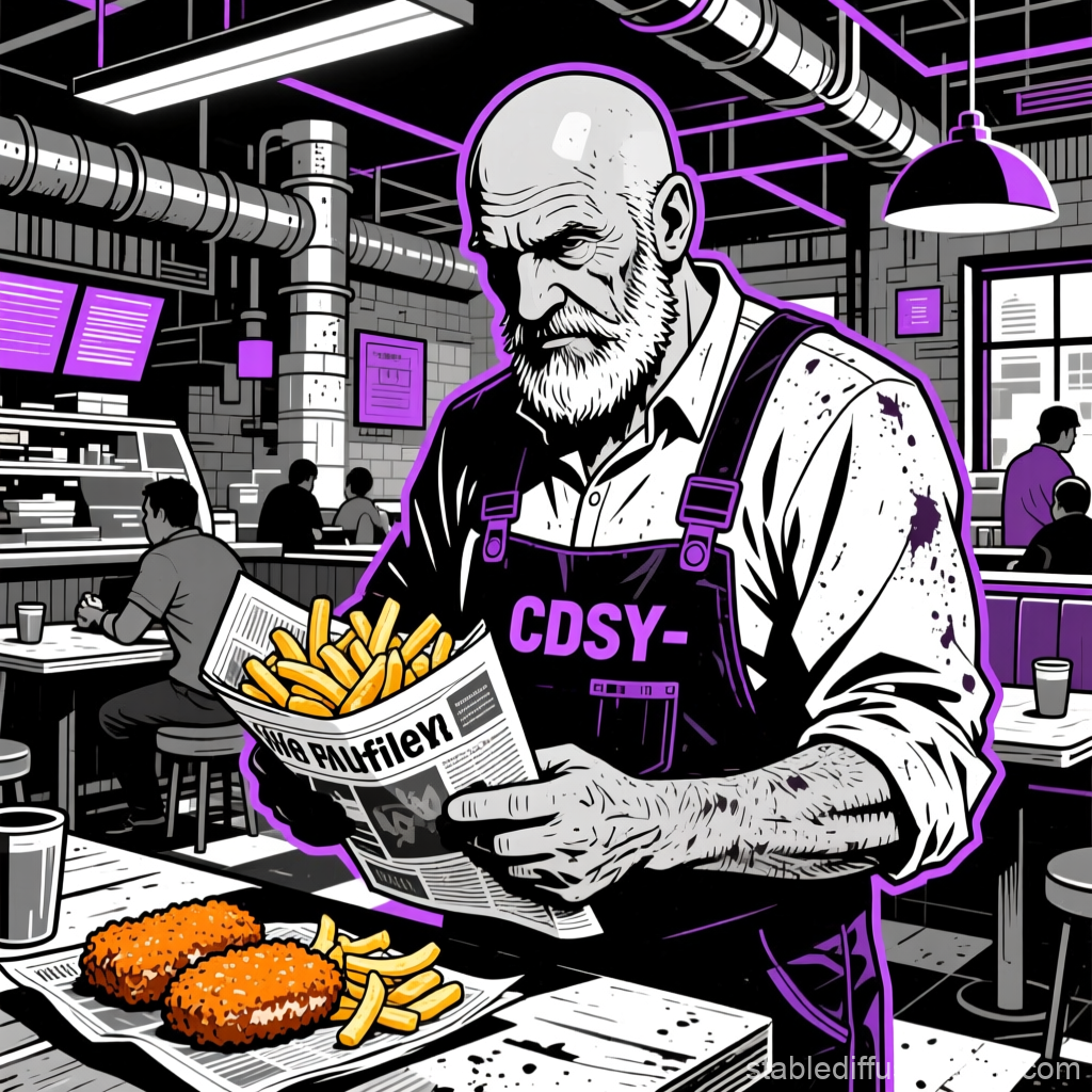 Bearded Man Serving Fries in a Modern Cafe