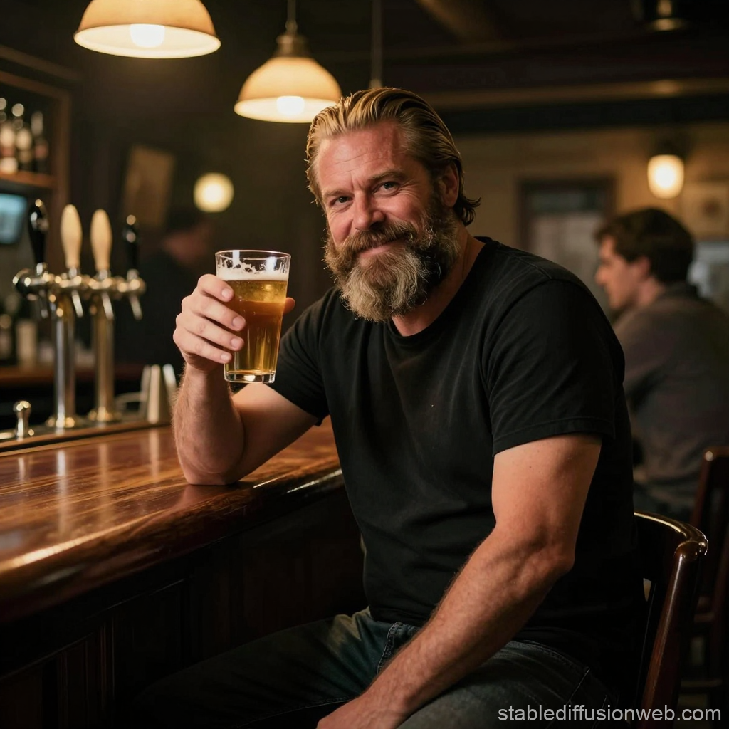 Bearded Man Toasting with Beer at a Cozy Bar