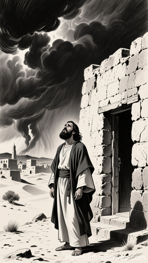 Bearded Man Watching a Storm Over Ancient Desert Town