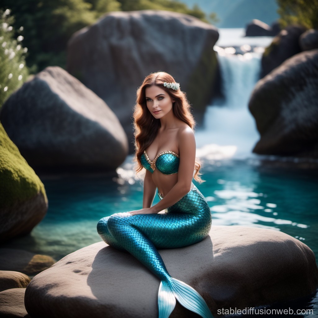 Beautiful Mermaid Sitting on Rock by Waterfall