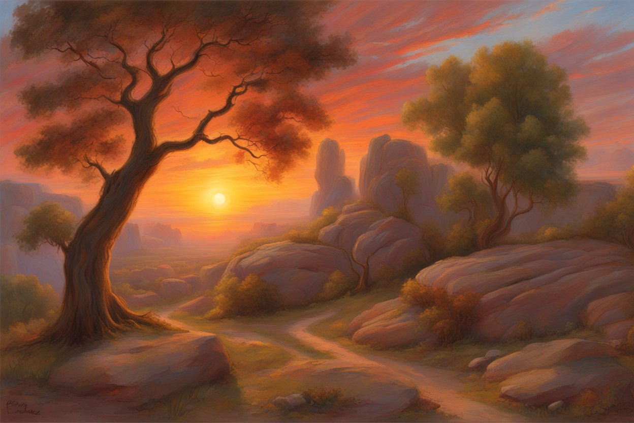 Beautiful Sunset Over Rocky Landscape with Trees