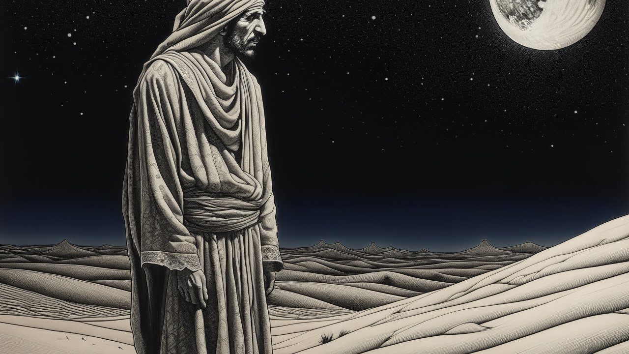 Bedouin Man Standing in Desert Under Moonlit Night