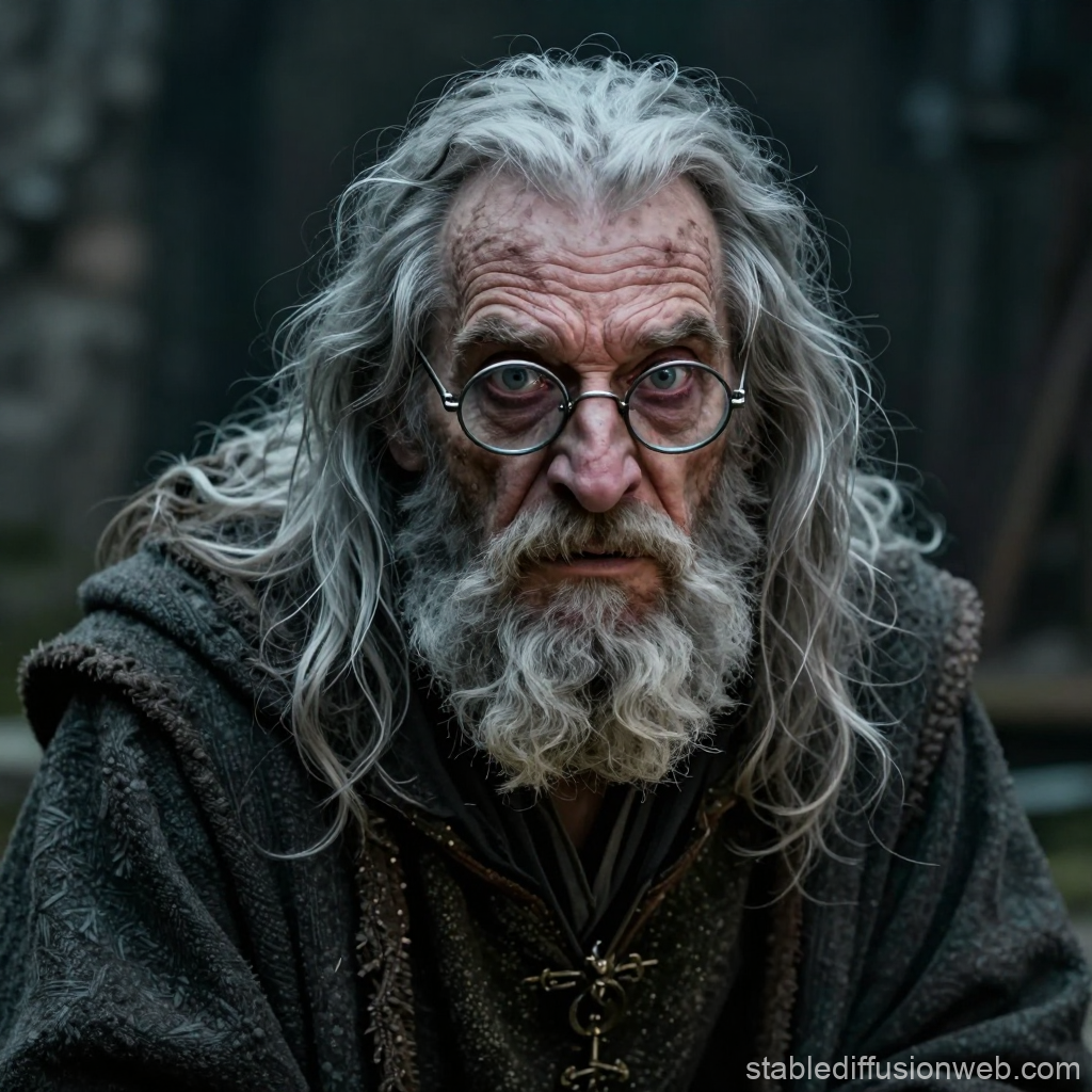 Bedraggled Medieval Wizard with Intense Gaze
