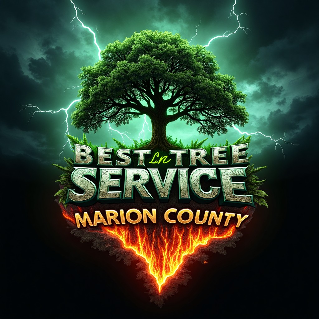 Best Tree Service Marion County Logo with Lightning and Lava