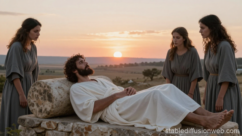 Biblical Scene at Sunrise with Man Resting on Stone and Women Watching