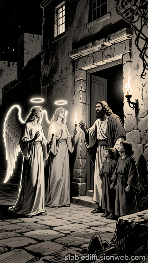Biblical Scene of Angels Warning a Man and His Children