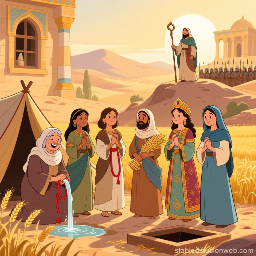 Biblical Scene with Women and a Shepherd in a Wheat Field