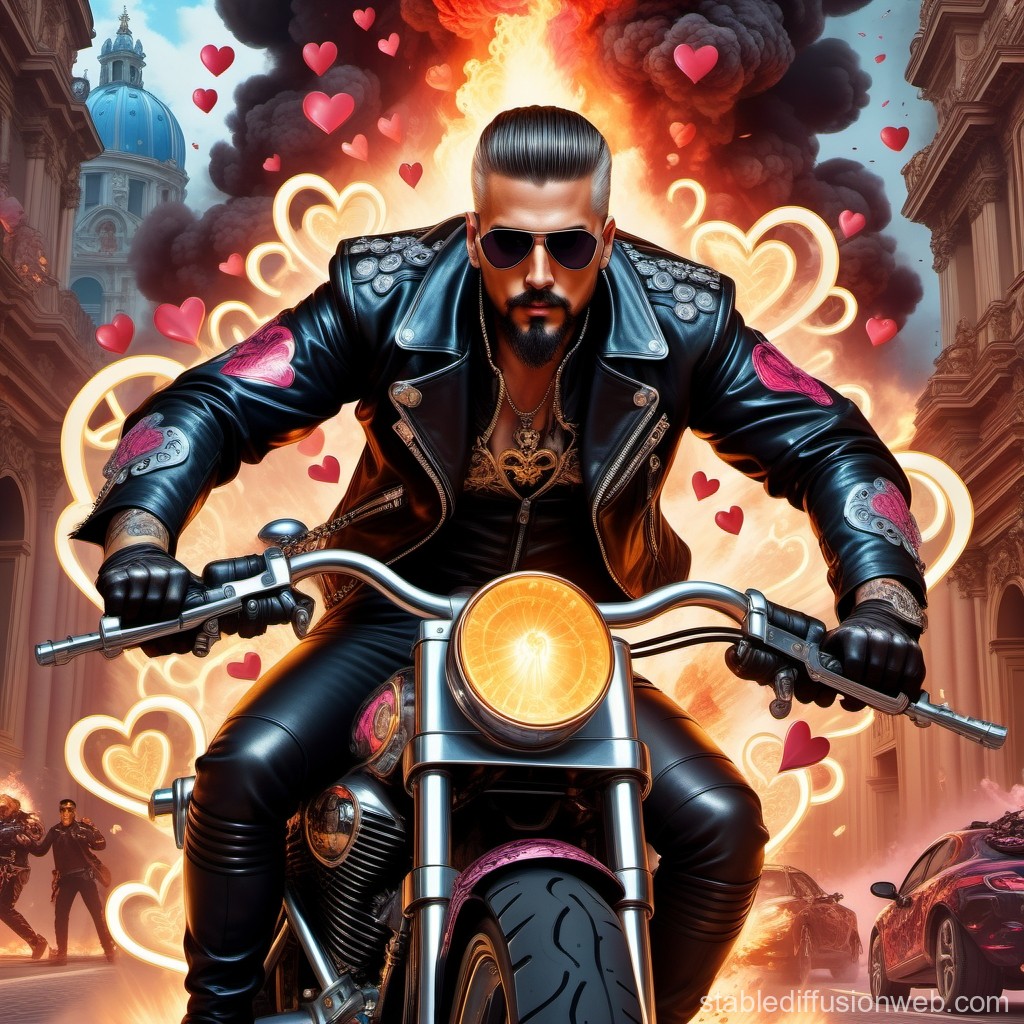 Biker in Leather Jacket Riding Through Fiery Urban Chaos