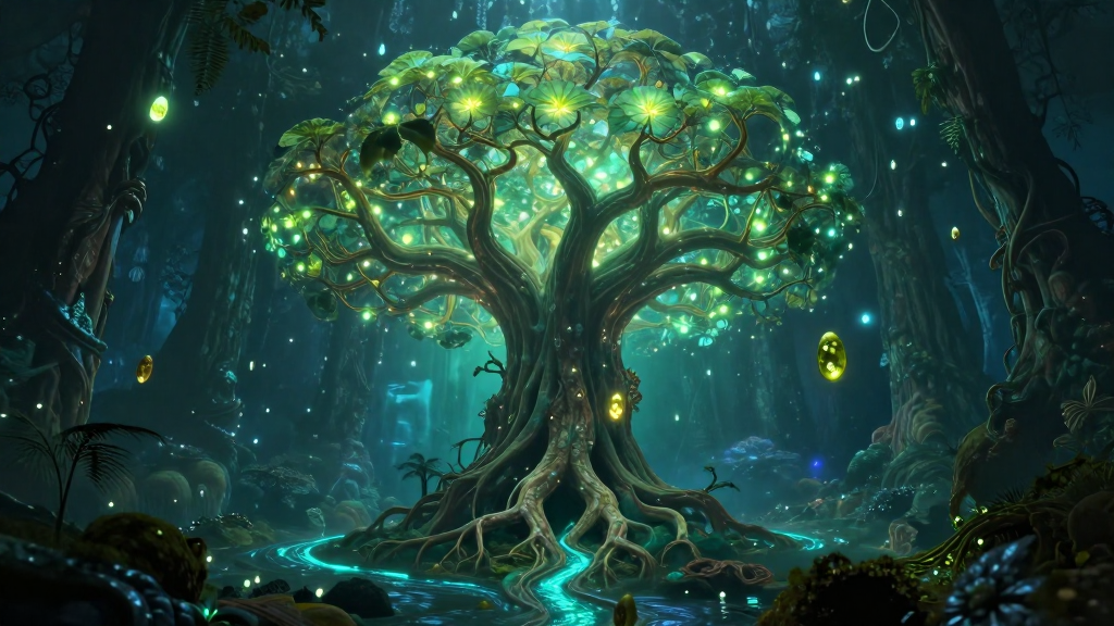 Bioluminescent Alien Tree in Mystical Forest