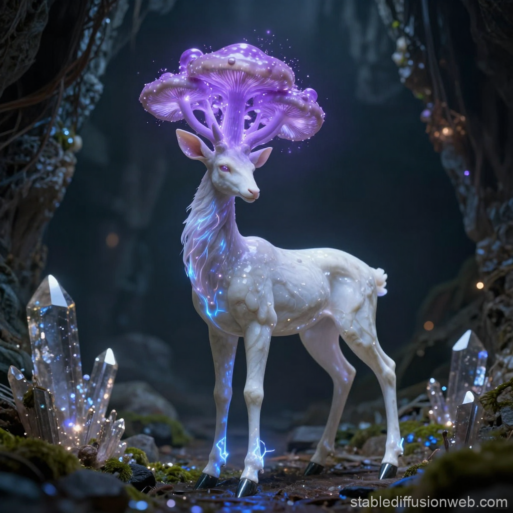 Bioluminescent Marble Deer with Glowing Mushroom Antlers