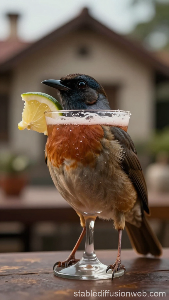 Bird Blended with Cocktail Glass in Realistic Style