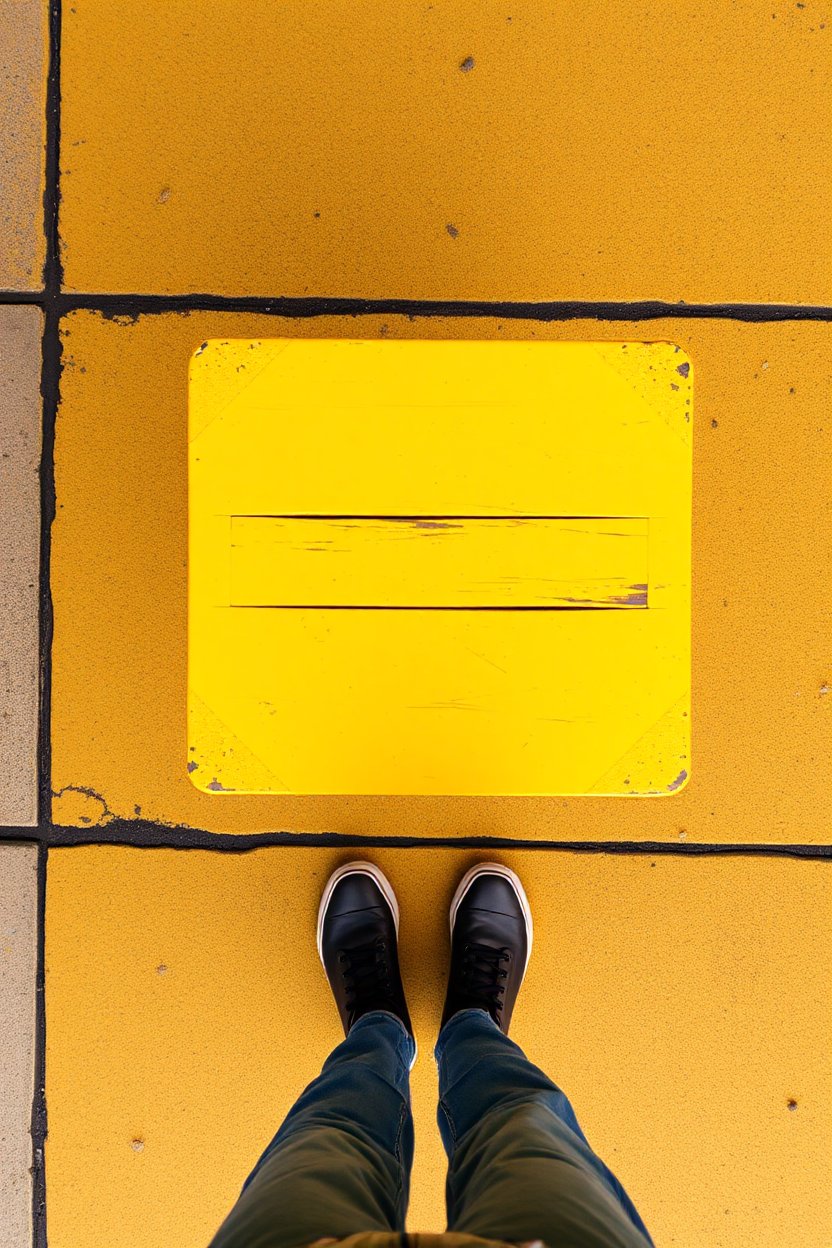 Bird's Eye View of Feet on Yellow Tiled Floor