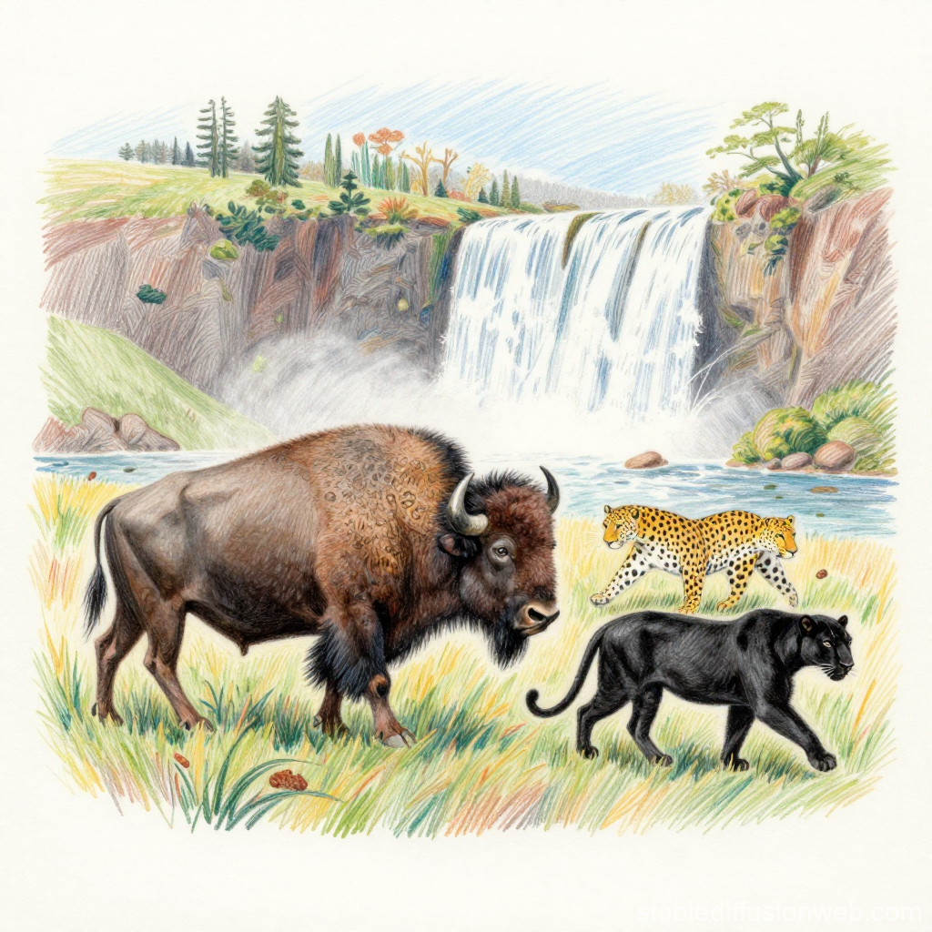 Bison and Big Cats by a Waterfall in Nature