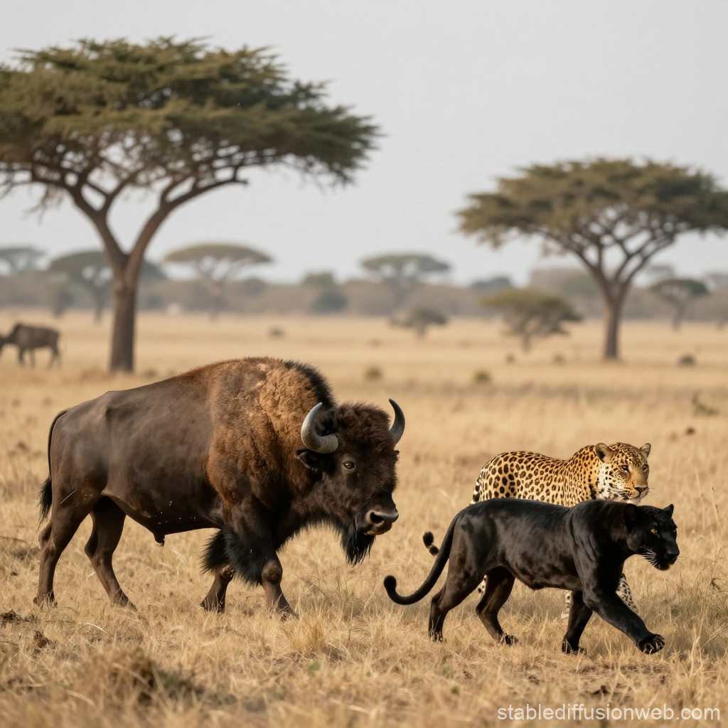 Bison and Leopards in African Savanna