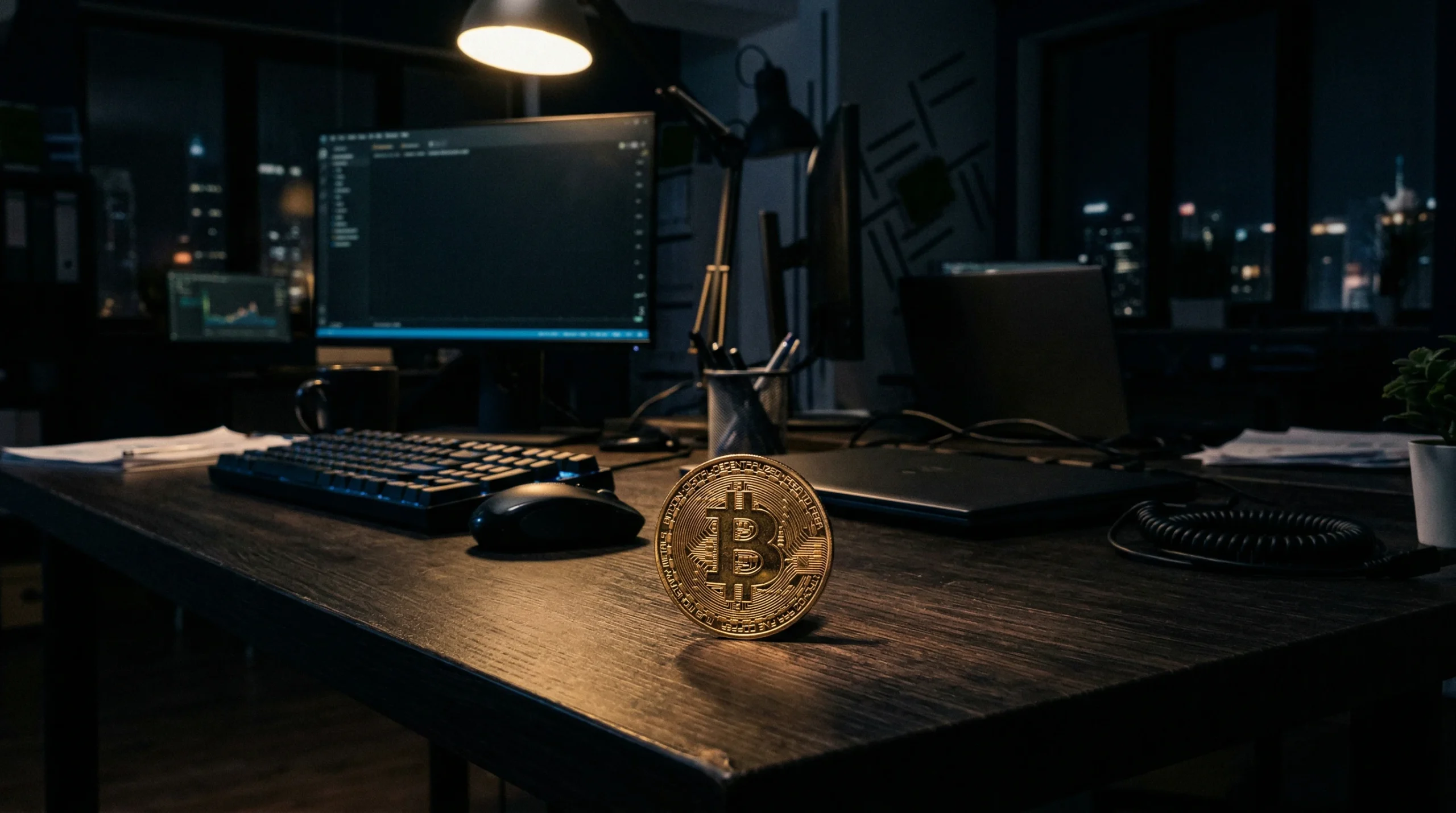 Bitcoin Coin on Office Desk at Night