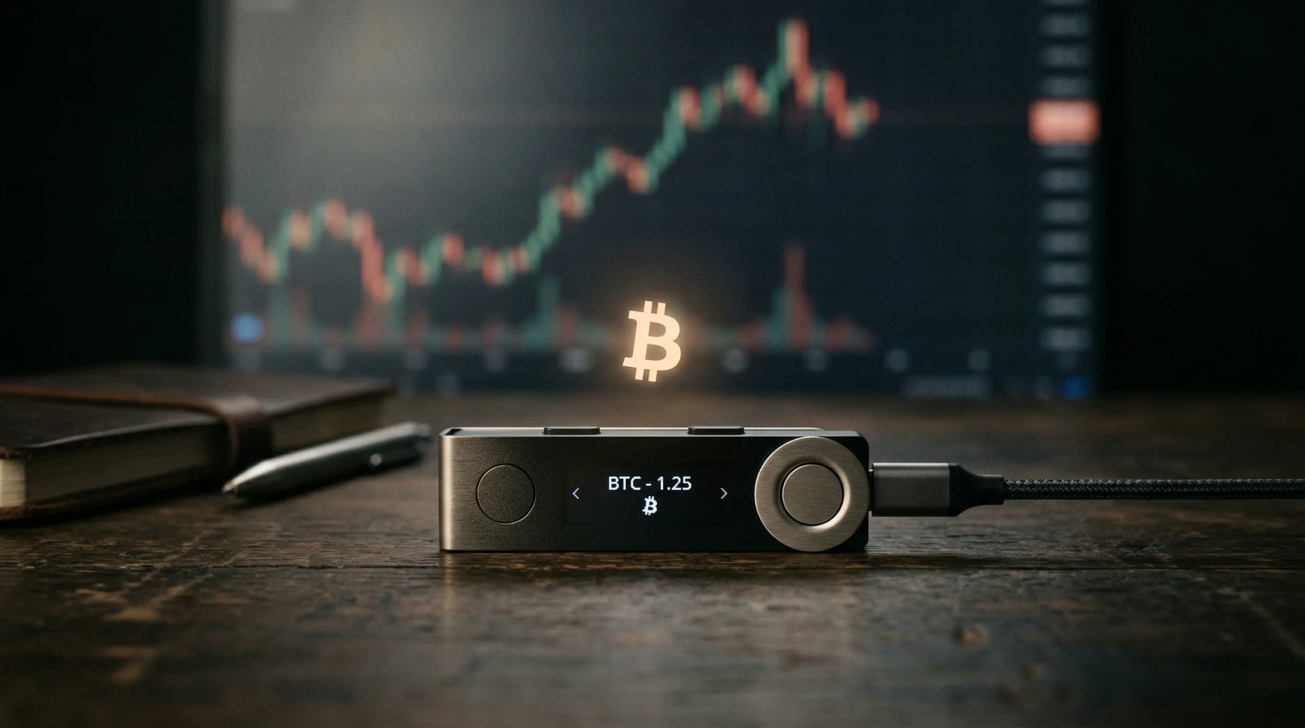 Bitcoin Hardware Wallet with Market Chart in Background