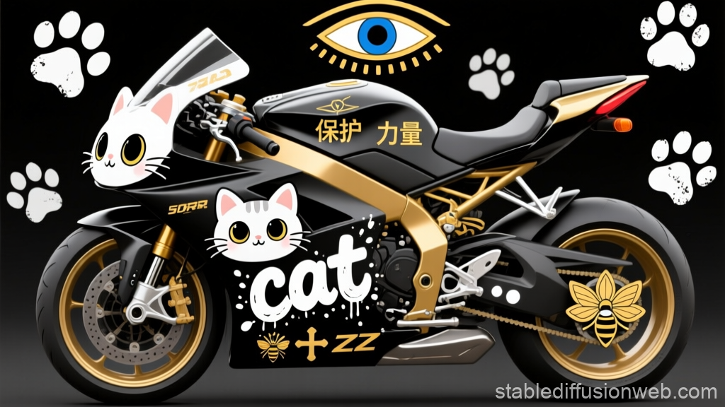 Black and Gold Racing Motorbike with Cute Cat Graphics