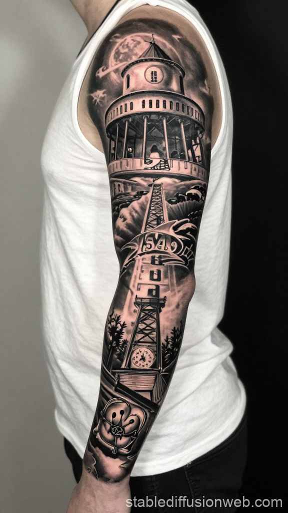 Black and Grey Realistic Alcatraz Tower Tattoo Sleeve