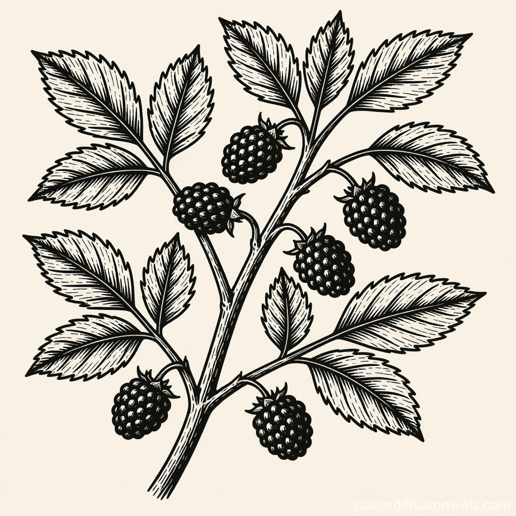 Black and White Botanical Illustration of Blackberry Branch