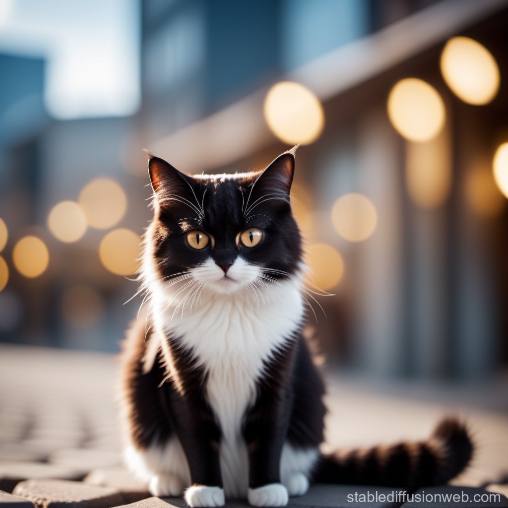 Black and White Cat Sitting with Bokeh Lights