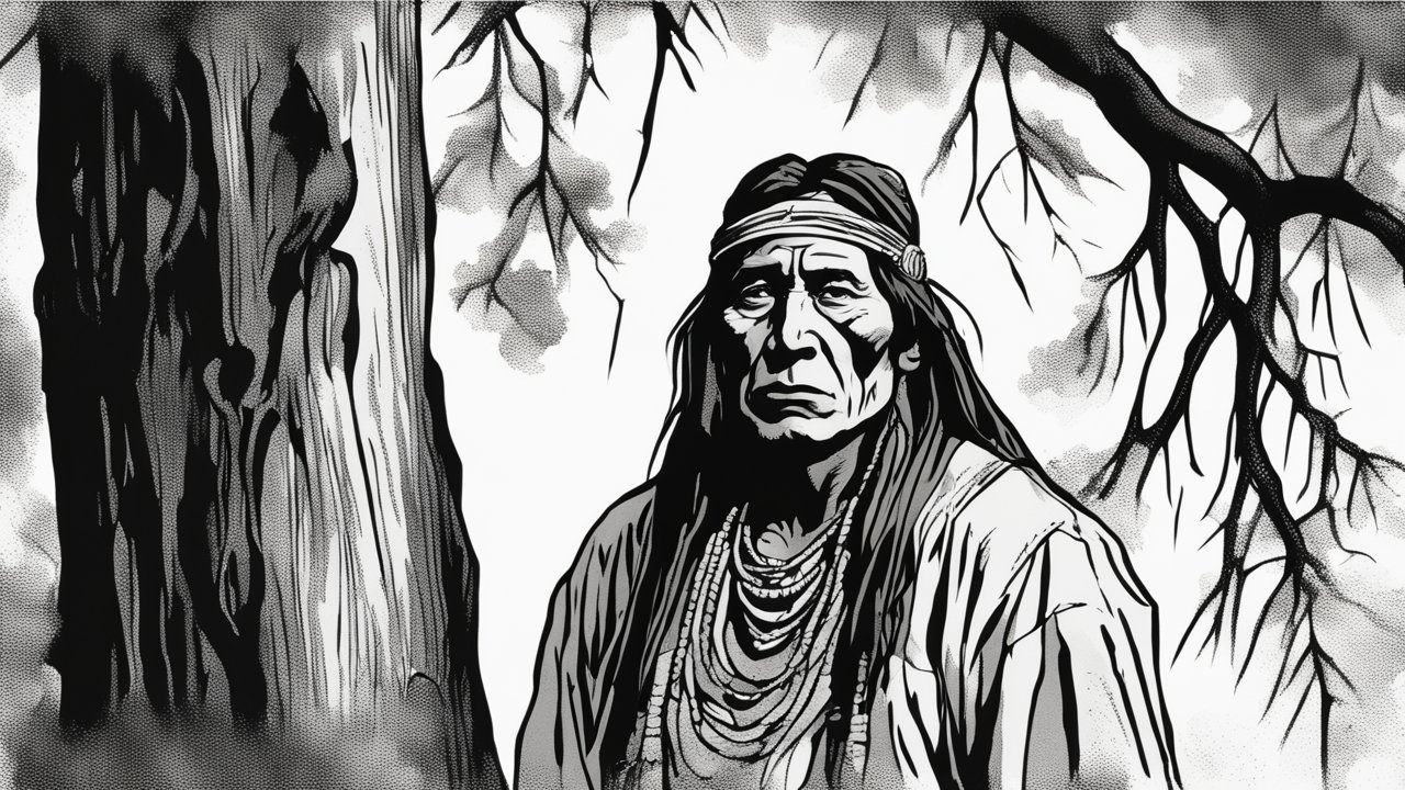 Black and White Comic Drawing of Native American Elder