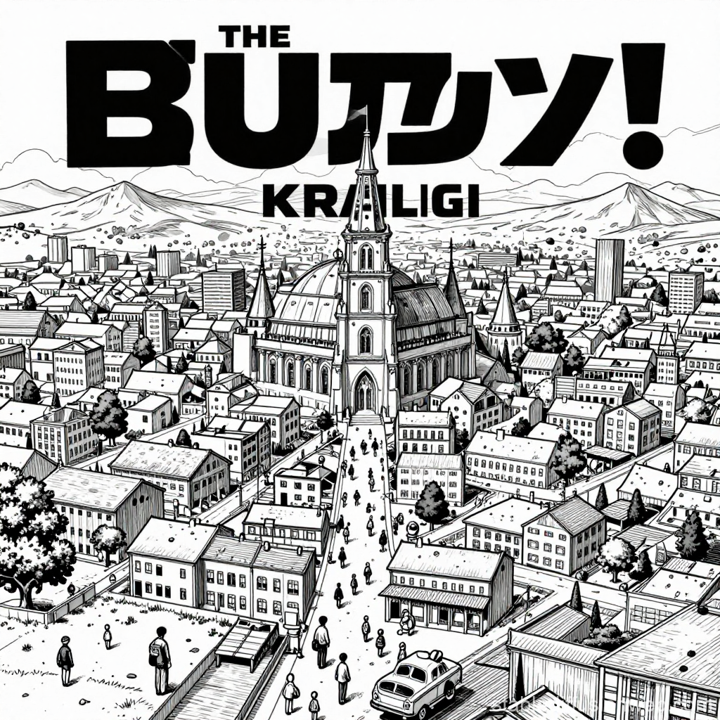 Black and White Detailed Cityscape with Central Cathedral