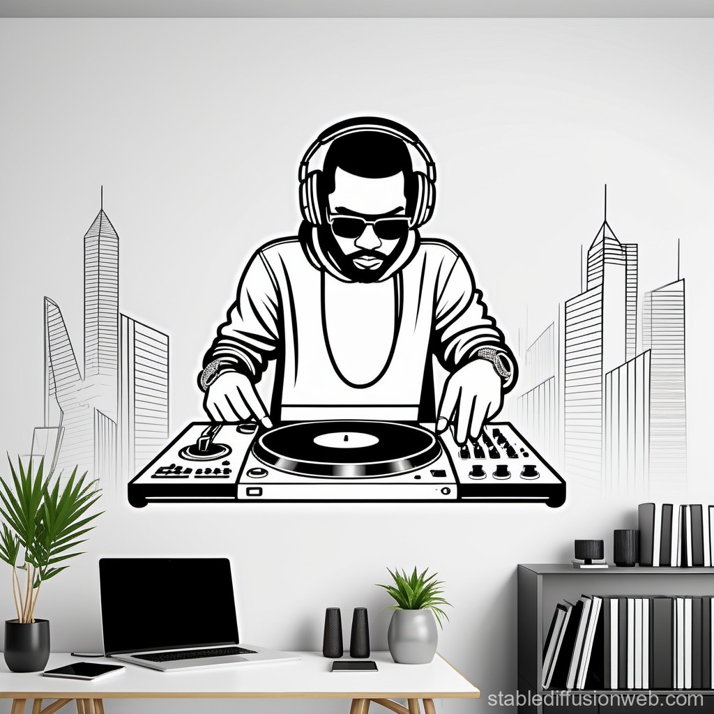 Black and White DJ Wall Art with Cityscape