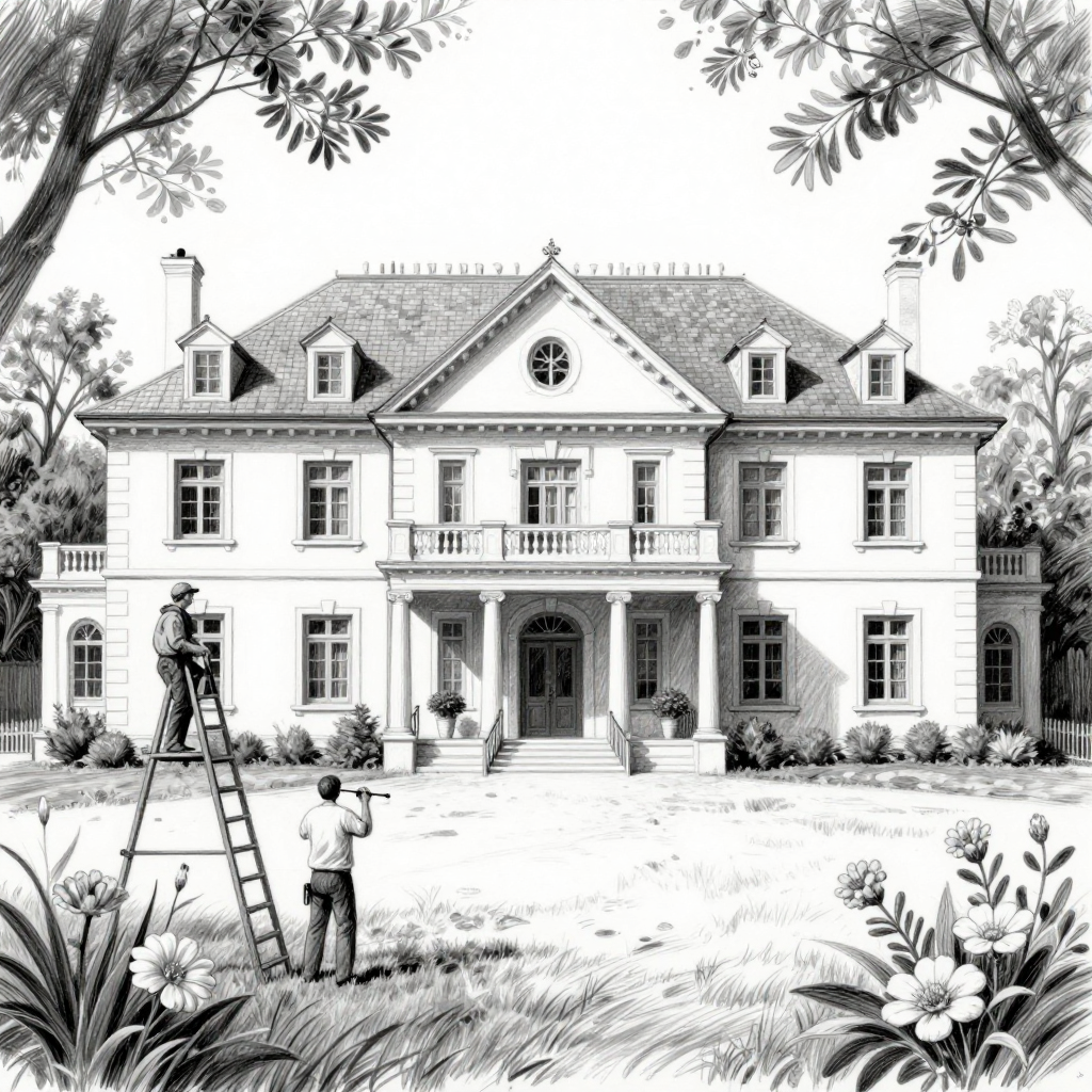 Black and White Drawing of Mansion with Painters