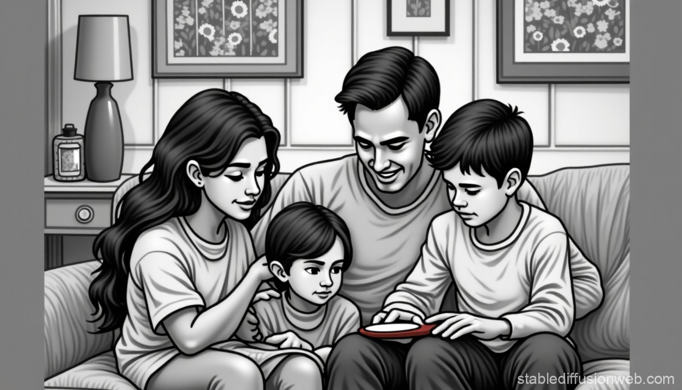 Black and White Family Moment on Couch