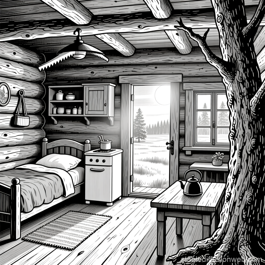Black and White Illustration of a Medieval Cabin Interior