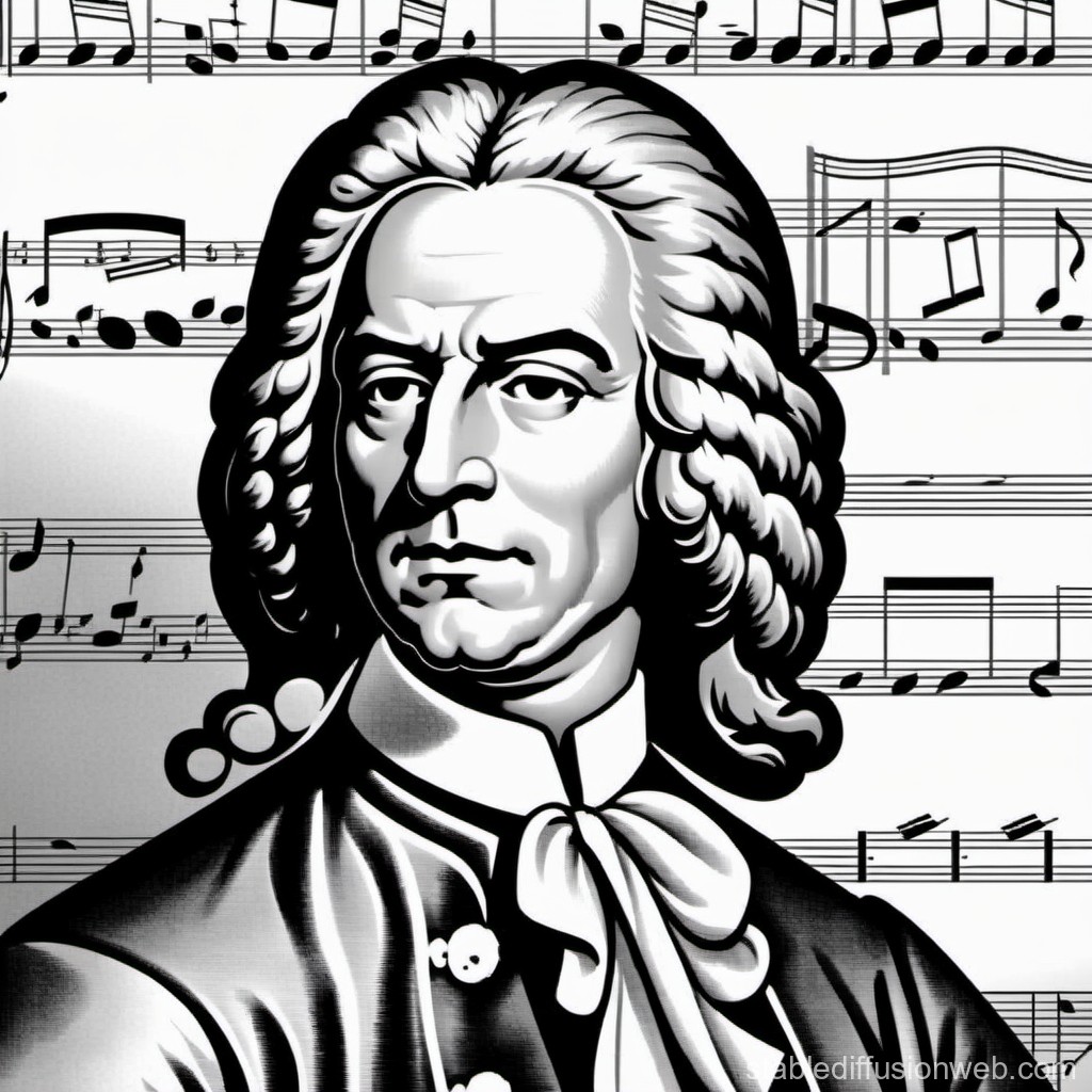 Black and White Illustration of Classical Composer with Musical Notes