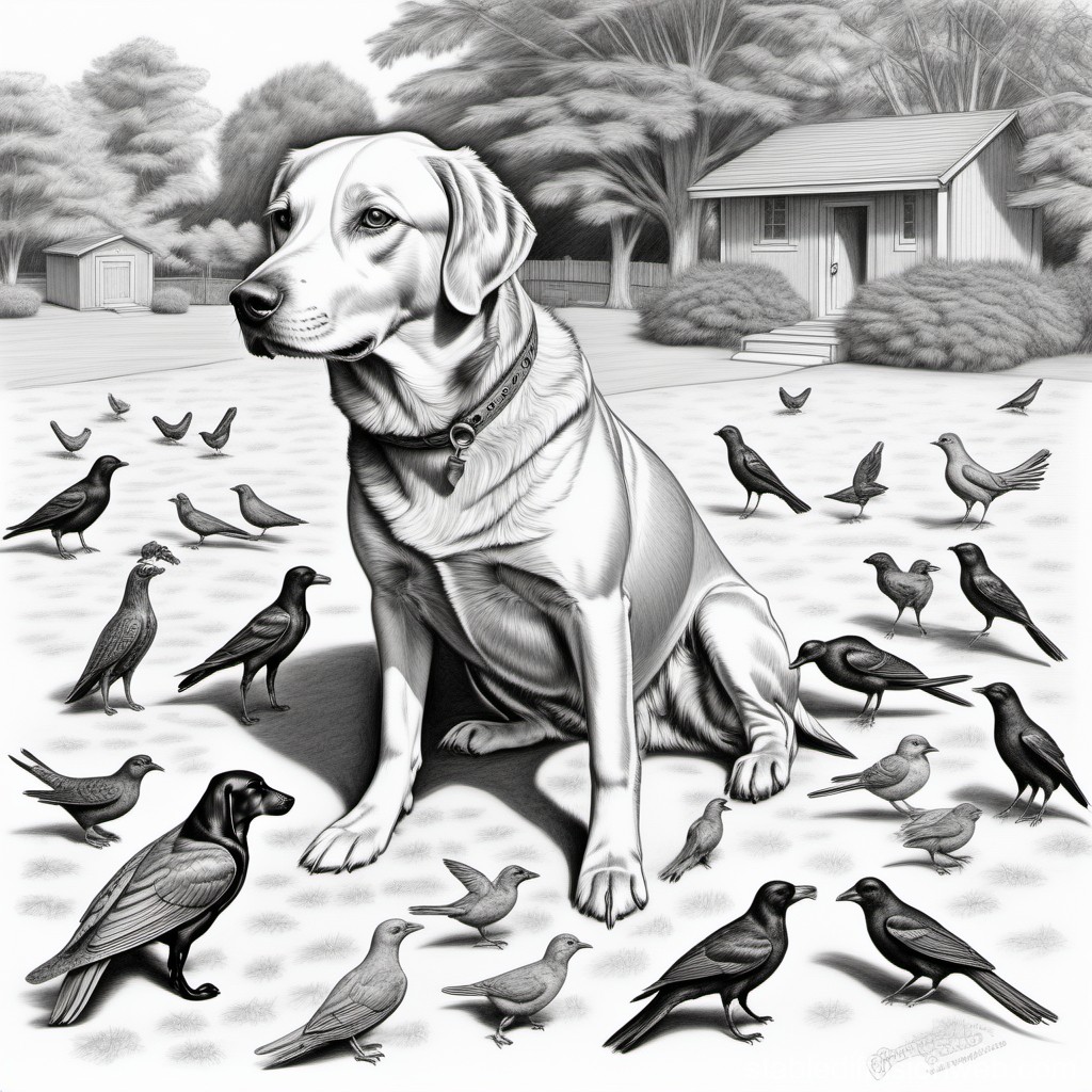 Black and White Illustration of Dog Surrounded by Birds